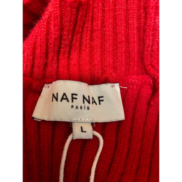 Naf Naf Red One Shoulder Long Sleeve Mock Neck Rib Knit Crop Sweater Top Size L - Picture 3 of 4